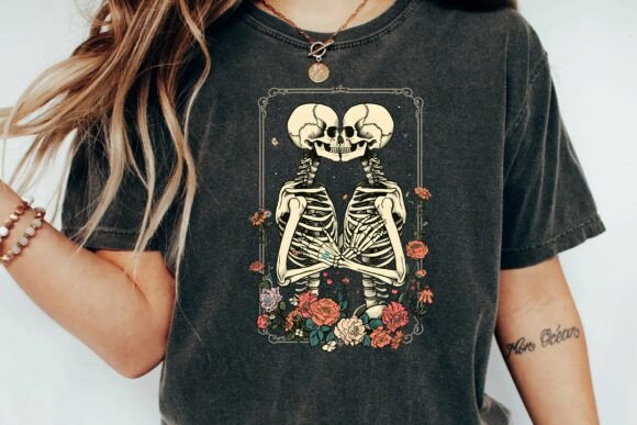 Download Vintage Skeleton Lovers Romantic Floral Gothic Art Eternal Love Design Png - Design Collection